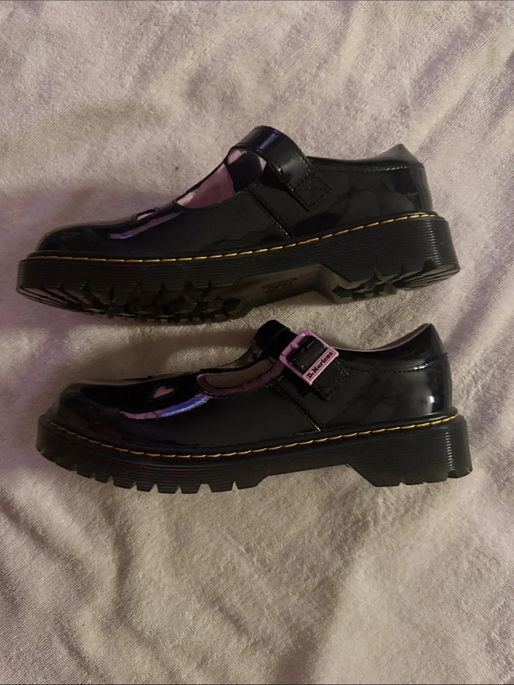 Dr. Martens women’s black Patent Mary Jane Shoes with Pink Hearts